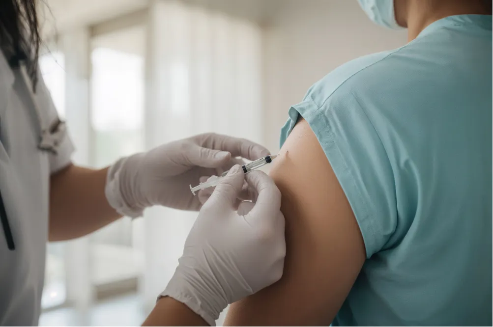 A healthcare worker gives a vaccine injection to a person’s upper arm in a clinical setting.