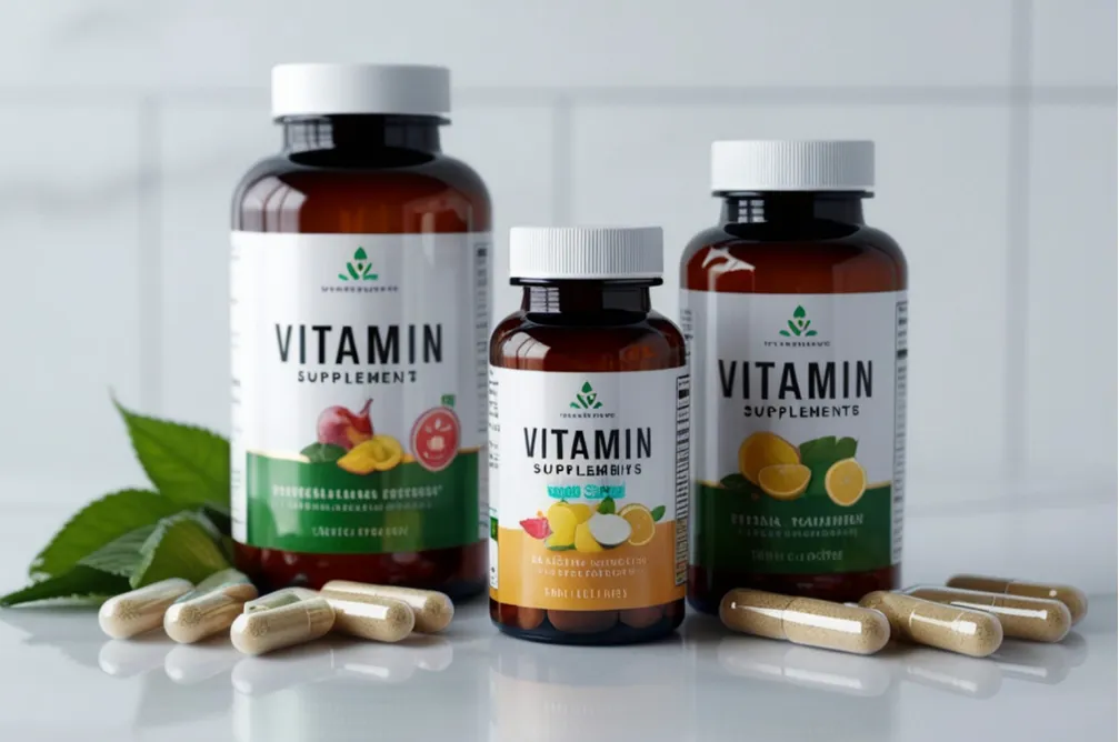 Three vitamin supplement bottles and capsules on a white surface with green leaves in the background.