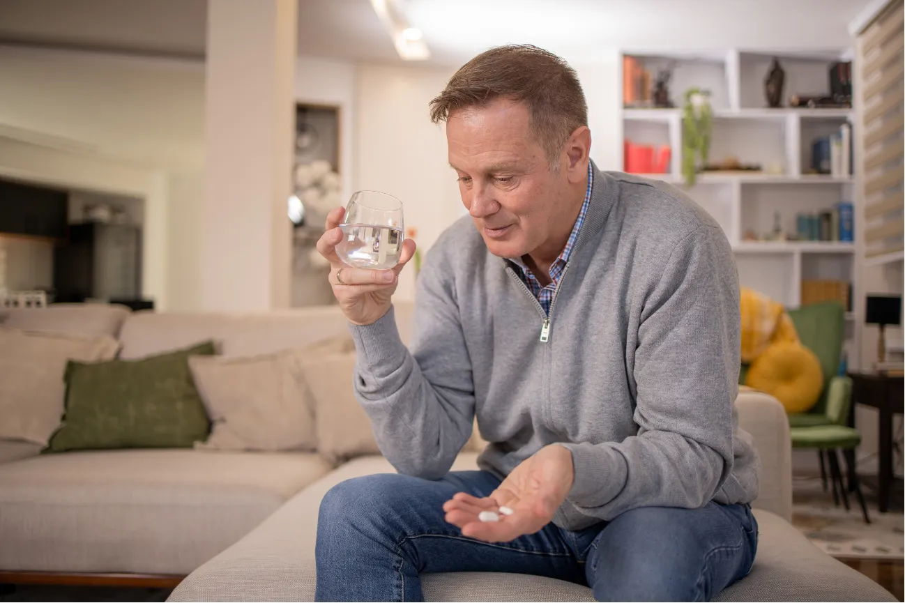 Middle-aged man sitting on a sofa, holding pills in one hand and a glass of water in the other.