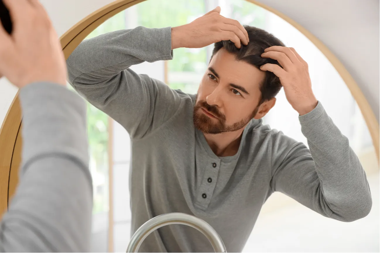 Man with a beard examining his hairline in a mirror, wearing a gray long-sleeve shirt.