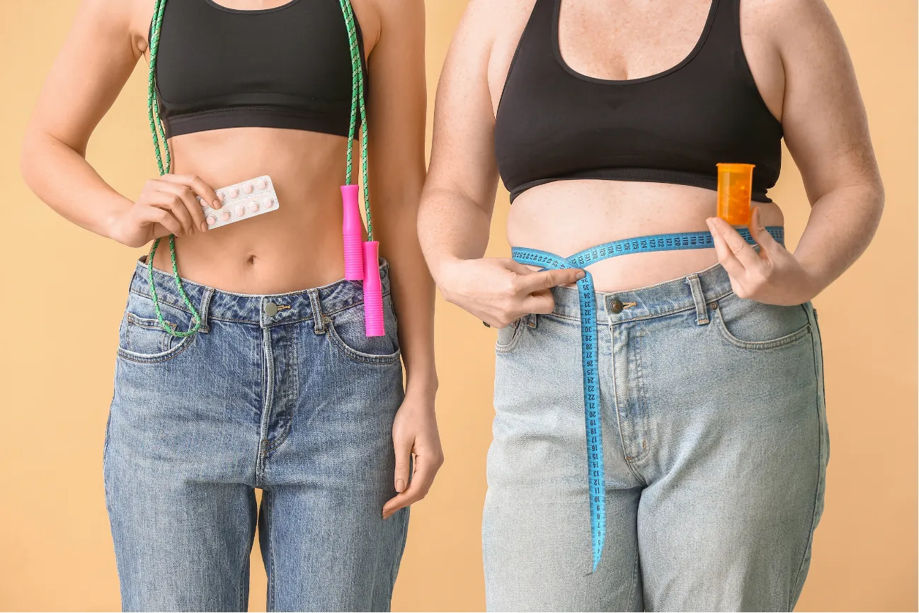 Two women in jeans and black tops; one holds pills and a jump rope, the other a measuring tape and pill bottle.