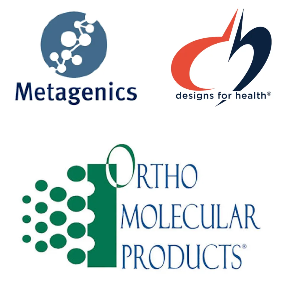 Logos of Metagenics, Designs for Health, and Ortho Molecular Products supplement brands.