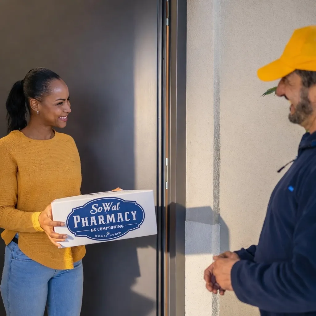 Woman receiving a SoWal Pharmacy box from a delivery person at her door, both smiling.