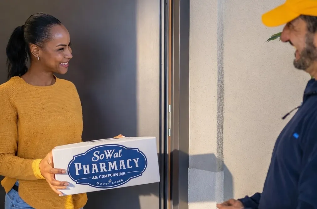 Smiling woman receives a SoWal Pharmacy delivery box from a man at her front door.