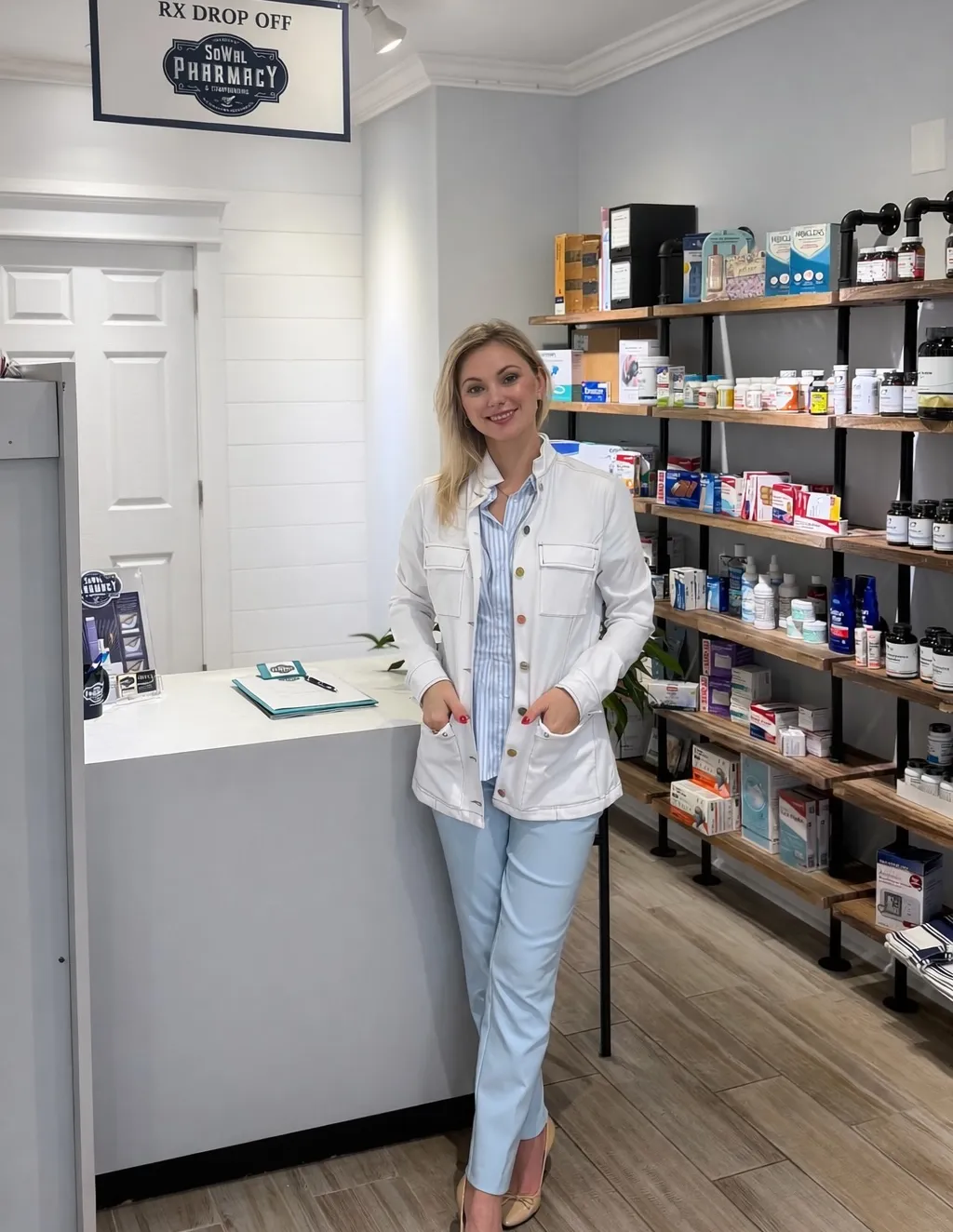 A woman in a white coat stands by a pharmacy counter with shelves of medicine behind her.