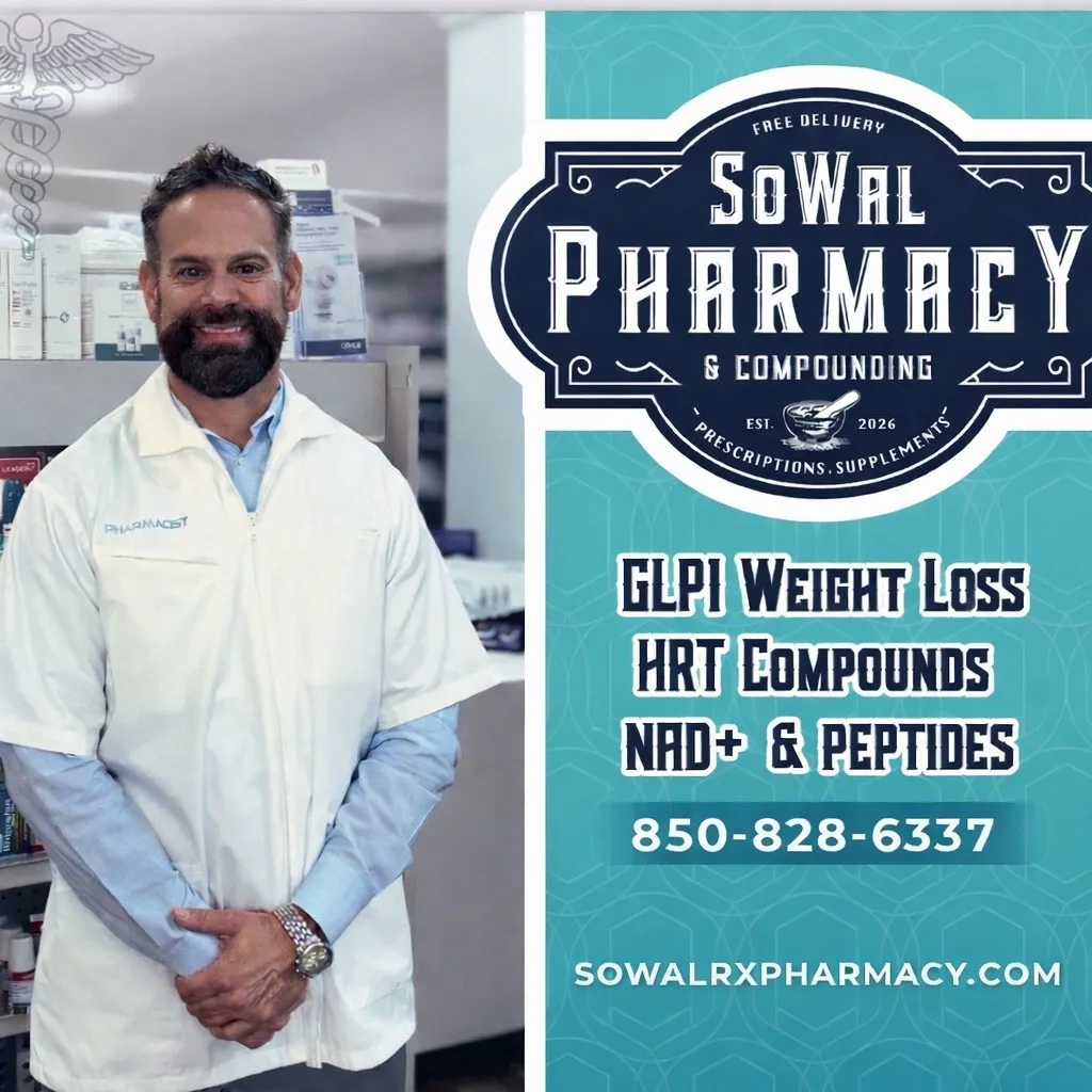 A pharmacist stands by shelves of medicine next to a sign for SoWal Pharmacy & Compounding and contact details.