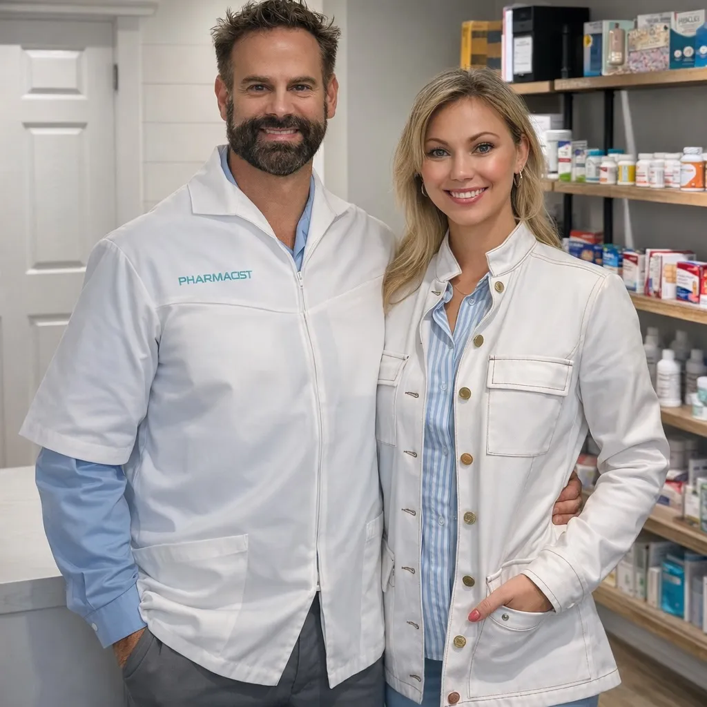 A male pharmacist and a woman smile together in a pharmacy, standing in front of shelves with medicine.