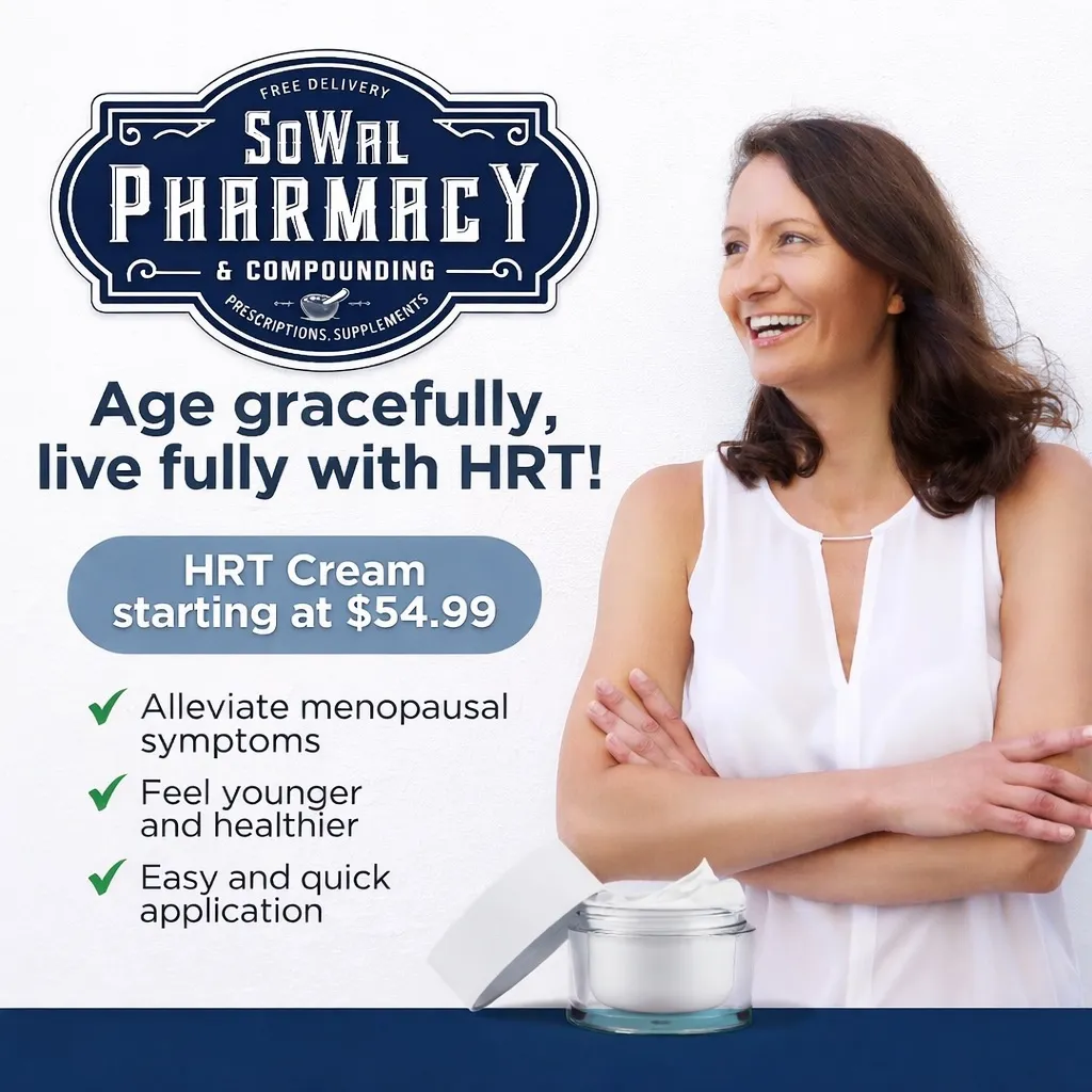 Smiling woman with arms crossed promoting HRT cream at SoWal Pharmacy with product benefits listed.