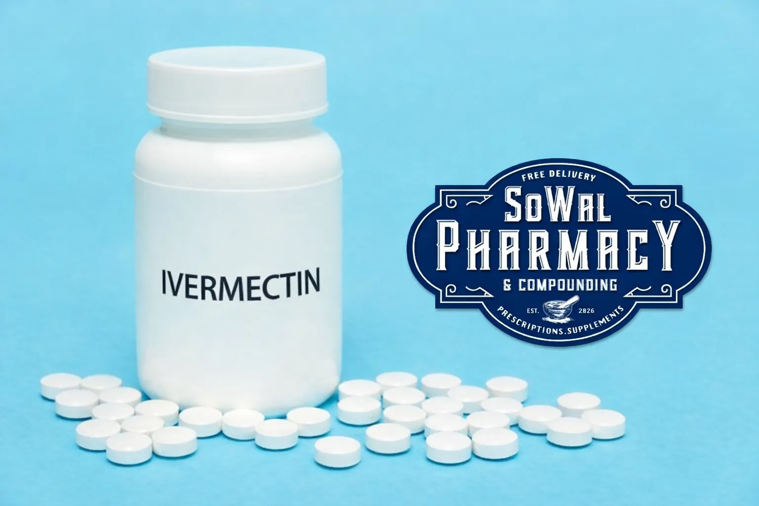 White pill bottle labeled "Ivermectin" with scattered white tablets and a SoWal Pharmacy logo on blue background.