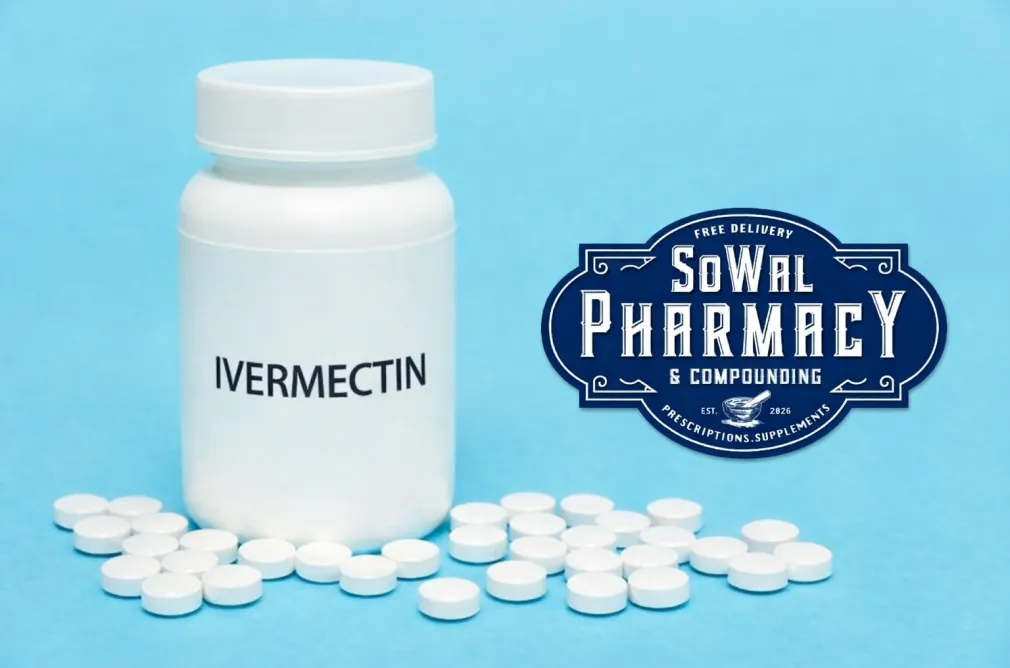 White bottle labeled "IVERMECTIN" with scattered pills and a SoWal Pharmacy logo on a blue background.