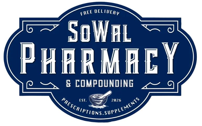 Blue SoWal Pharmacy & Compounding logo with mortar and pestle, offering free delivery and prescriptions.