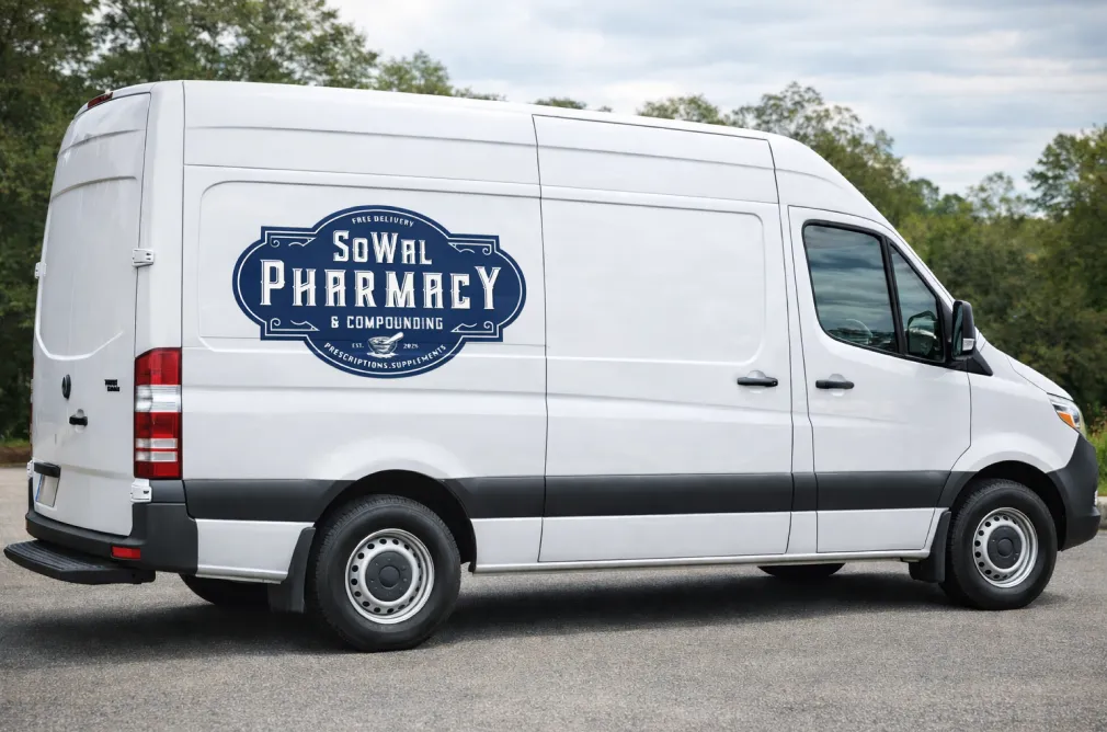 A white delivery van with a “SoWal Pharmacy & Compounding” logo on the side, parked outdoors.