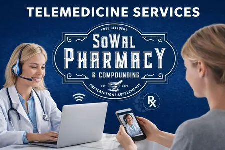 Female doctor on video call with patient, promoting telemedicine services for SoWal Pharmacy & Compounding.